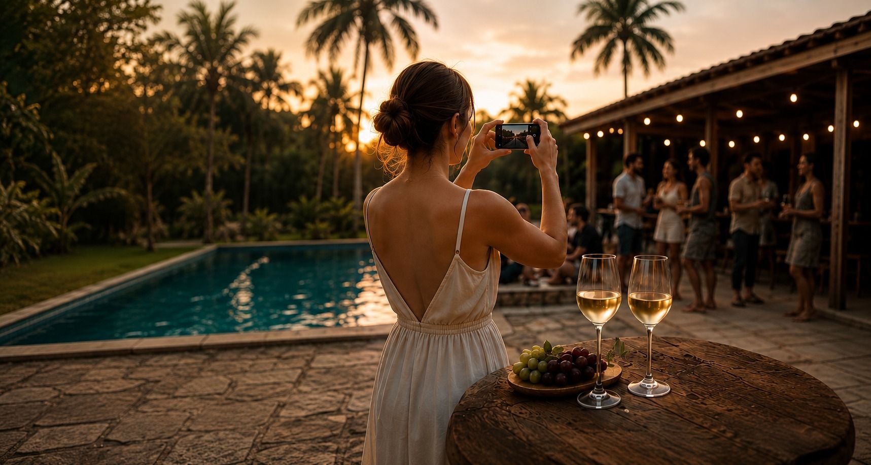 Convidada fotografando o entardecer na área de eventos do Recanto Fazenda